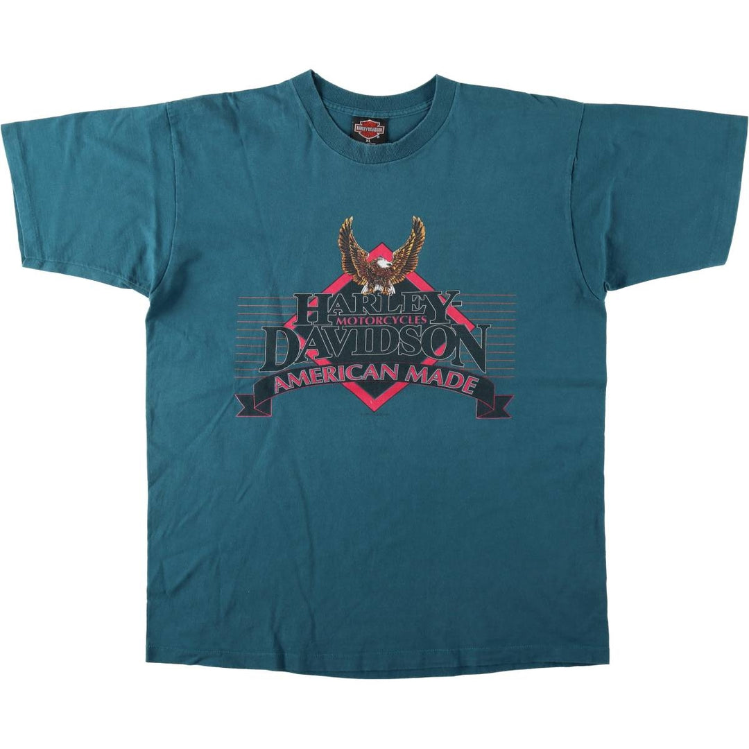 90'S Harley-Davidson Eagle Pattern American Flag Motorcycle T-Shirt, Made in USA, Men's XL equivalent, Vintage cotton green type Vintage Second Hand