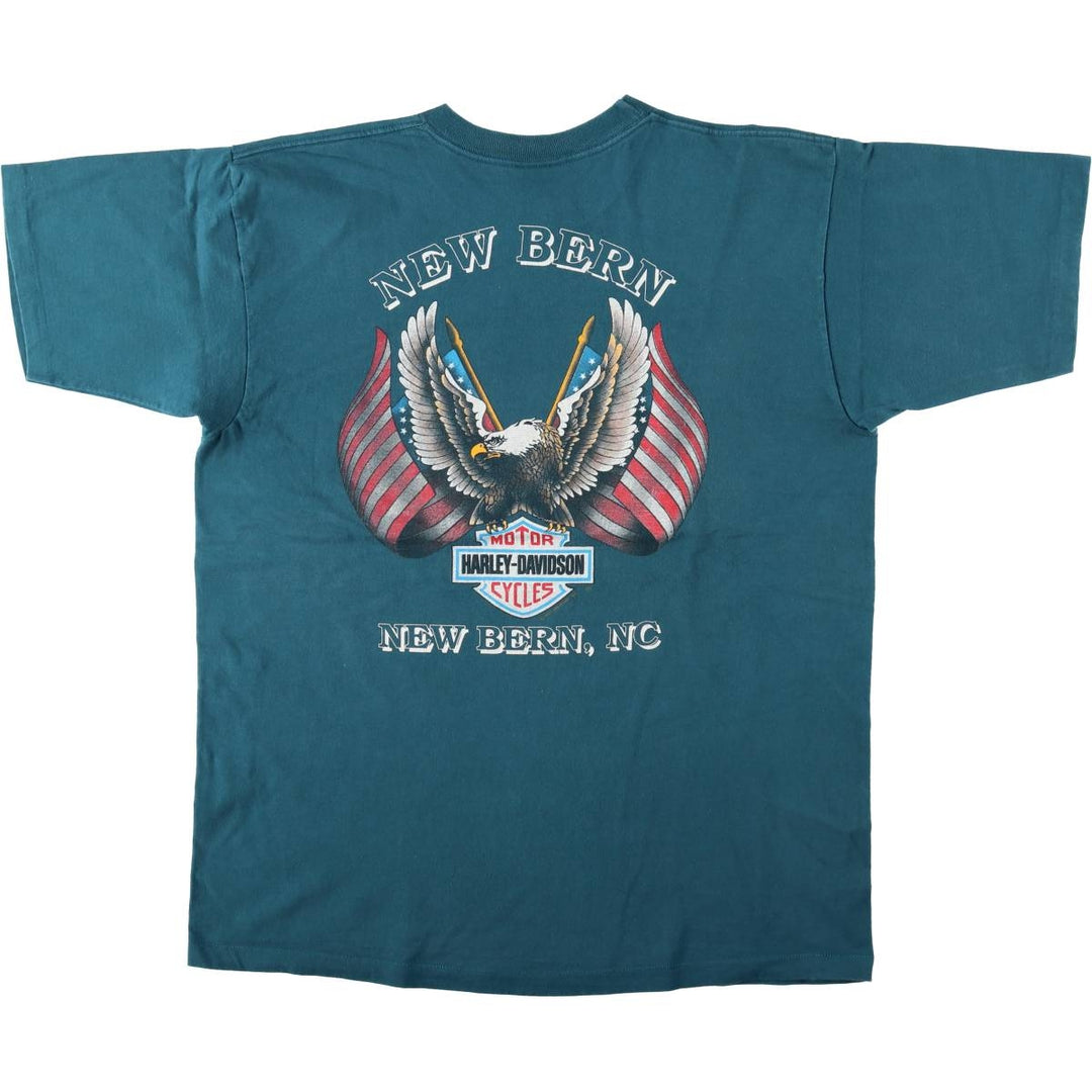 90'S Harley-Davidson Eagle Pattern American Flag Motorcycle T-Shirt, Made in USA, Men's XL equivalent, Vintage cotton green type Vintage Second Hand