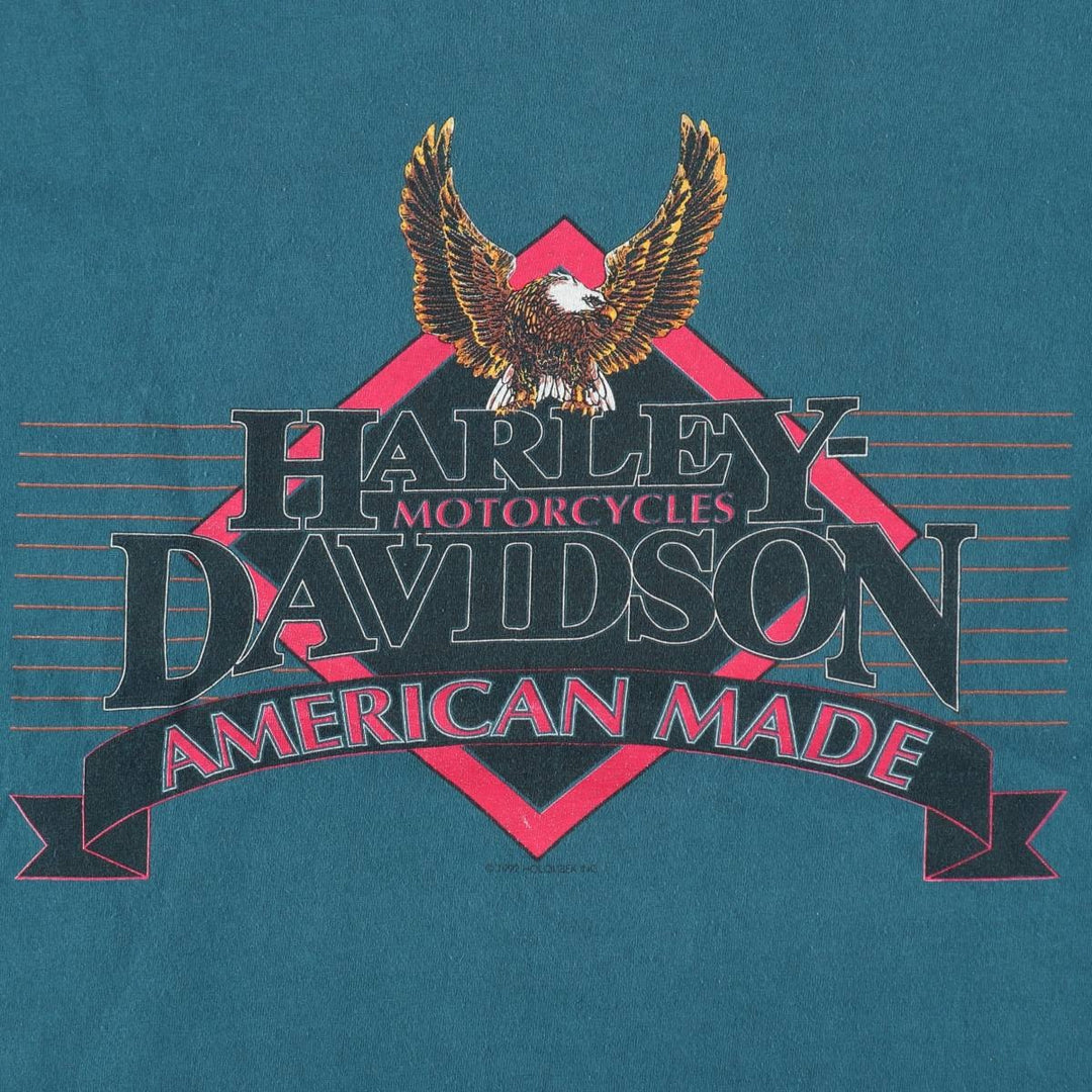 90'S Harley-Davidson Eagle Pattern American Flag Motorcycle T-Shirt, Made in USA, Men's XL equivalent, Vintage cotton green type Vintage Second Hand