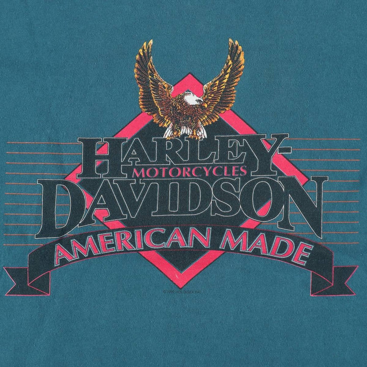 90'S Harley-Davidson Eagle Pattern American Flag Motorcycle T-Shirt, Made in USA, Men's XL equivalent, Vintage cotton green type Vintage Second Hand