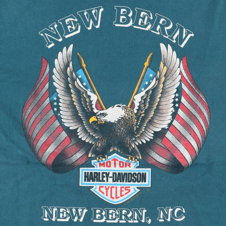 90'S Harley-Davidson Eagle Pattern American Flag Motorcycle T-Shirt, Made in USA, Men's XL equivalent, Vintage cotton green type Vintage Second Hand