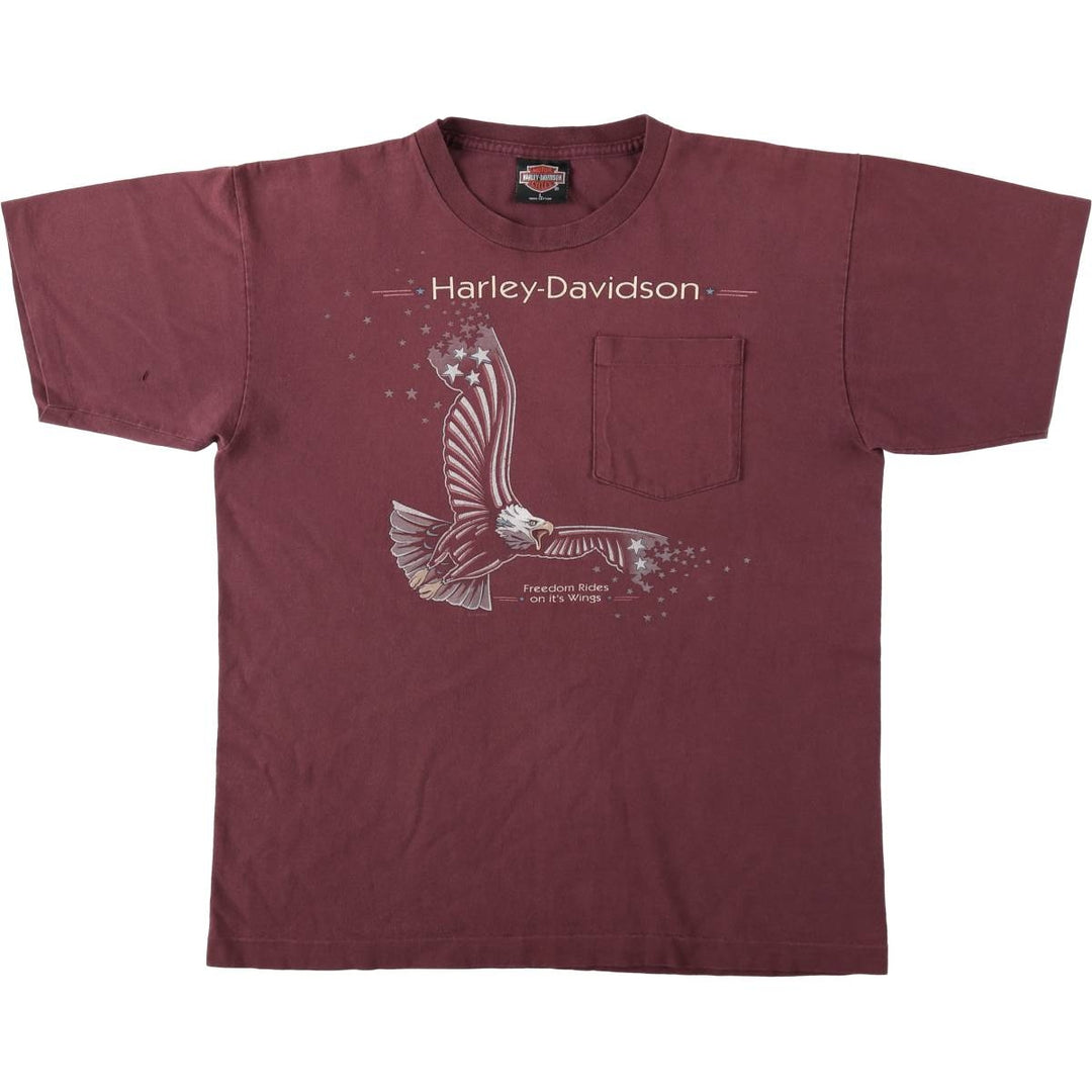 90'S Harley-Davidson Eagle Pattern American Flag Motorcycle T-Shirt, Made in USA, Men's Size L (approx.), Vintage cotton burgundy type Vintage Second Hand