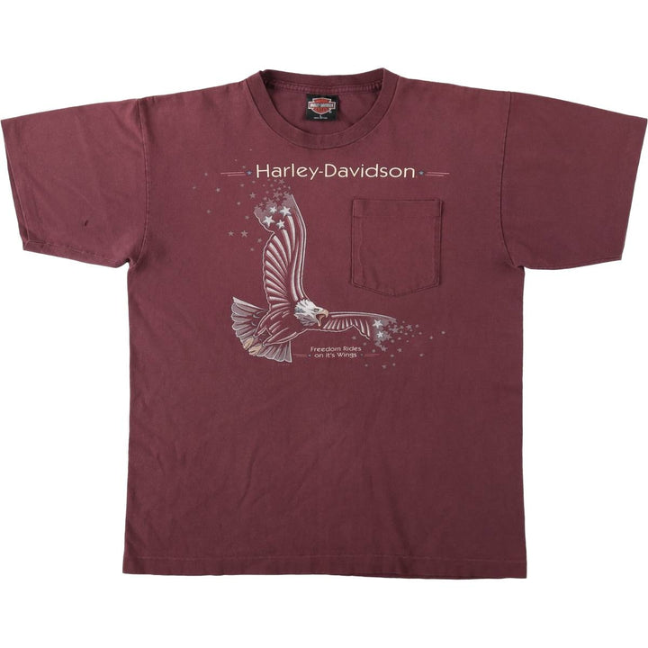 90'S Harley-Davidson Eagle Pattern American Flag Motorcycle T-Shirt, Made in USA, Men's Size L (approx.), Vintage cotton burgundy type Vintage Second Hand