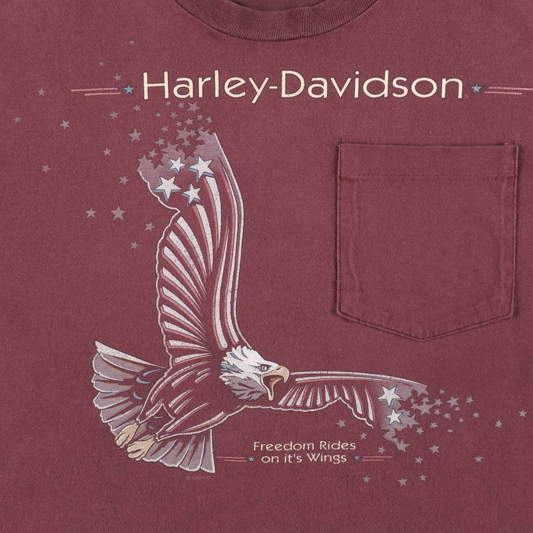 90'S Harley-Davidson Eagle Pattern American Flag Motorcycle T-Shirt, Made in USA, Men's Size L (approx.), Vintage cotton burgundy type Vintage Second Hand