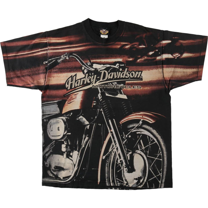 Harley-Davidson all-over print motorcycle bike t-shirt, men's size XL (approx.) cotton black type Vintage Second Hand