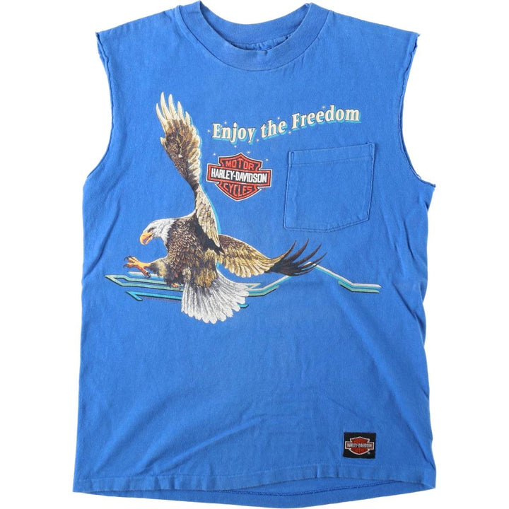 Harley-Davidson Eagle Pattern Sleeveless Cut-Off Motorcycle T-Shirt (Men's Size S) unclear blue type Vintage Second Hand