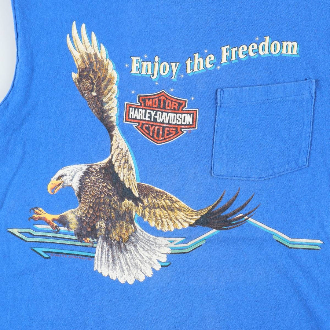 Harley-Davidson Eagle Pattern Sleeveless Cut-Off Motorcycle T-Shirt (Men's Size S) unclear blue type Vintage Second Hand