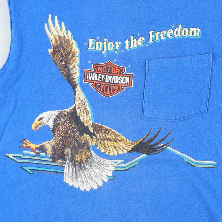 Harley-Davidson Eagle Pattern Sleeveless Cut-Off Motorcycle T-Shirt (Men's Size S) unclear blue type Vintage Second Hand
