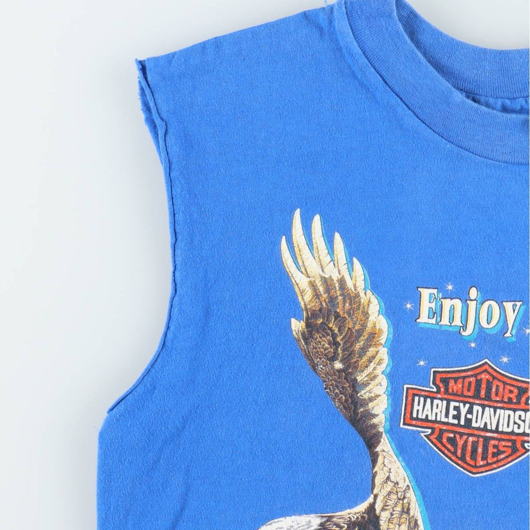 Harley-Davidson Eagle Pattern Sleeveless Cut-Off Motorcycle T-Shirt (Men's Size S) unclear blue type Vintage Second Hand