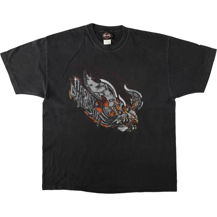 00'S Harley Davidson Eagle Pattern Fire Pattern Motorcycle Bike T-shirt Made in USA Men's XL cotton black type Vintage Second Hand