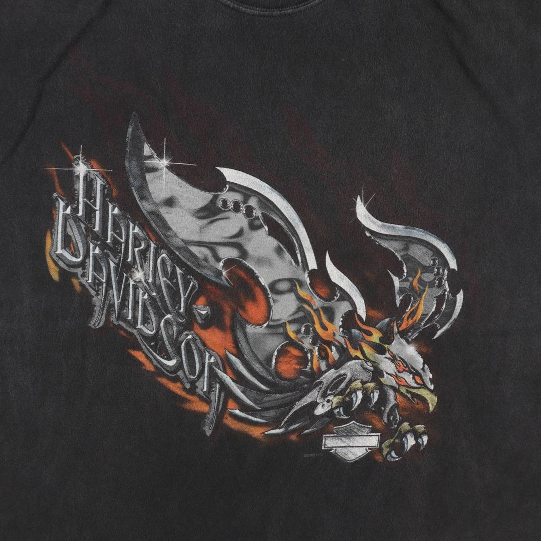 00'S Harley Davidson Eagle Pattern Fire Pattern Motorcycle Bike T-shirt Made in USA Men's XL cotton black type Vintage Second Hand