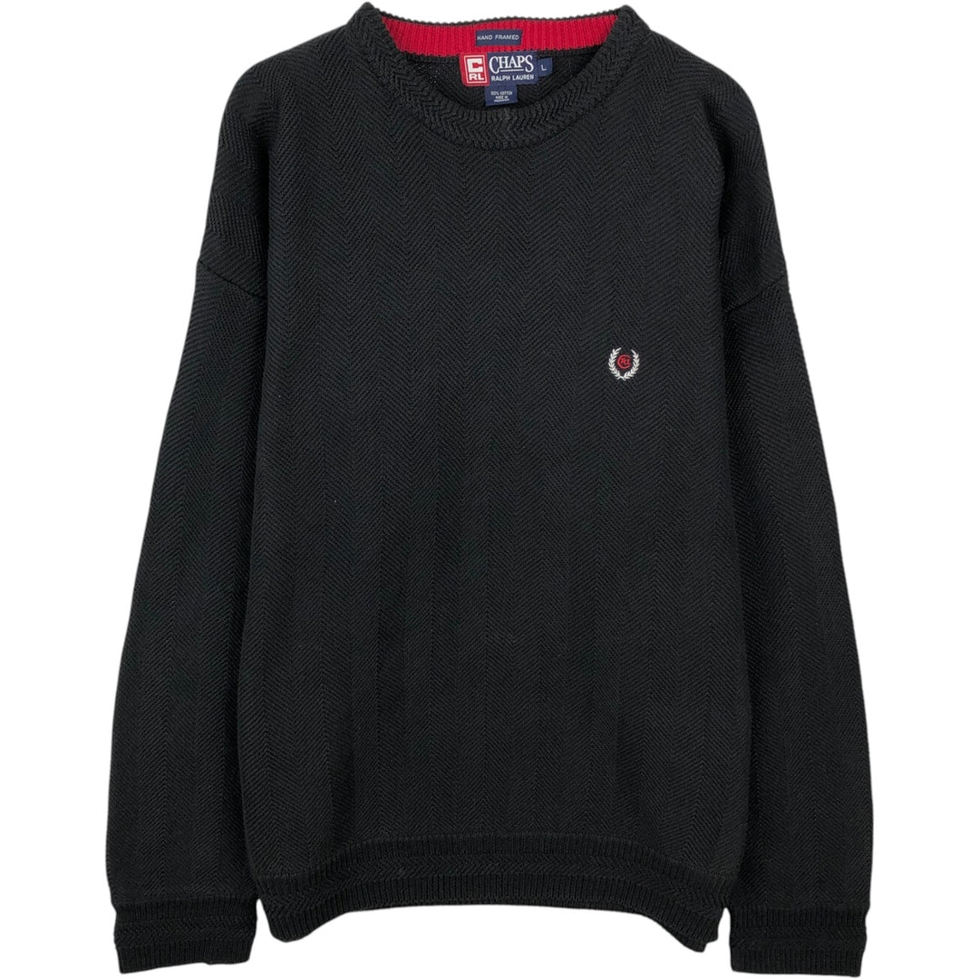 Ralph Lauren Chaps Hand-Framed Herringbone Cotton Knit Sweater, Men's Size L cotton black type Vintage Second Hand