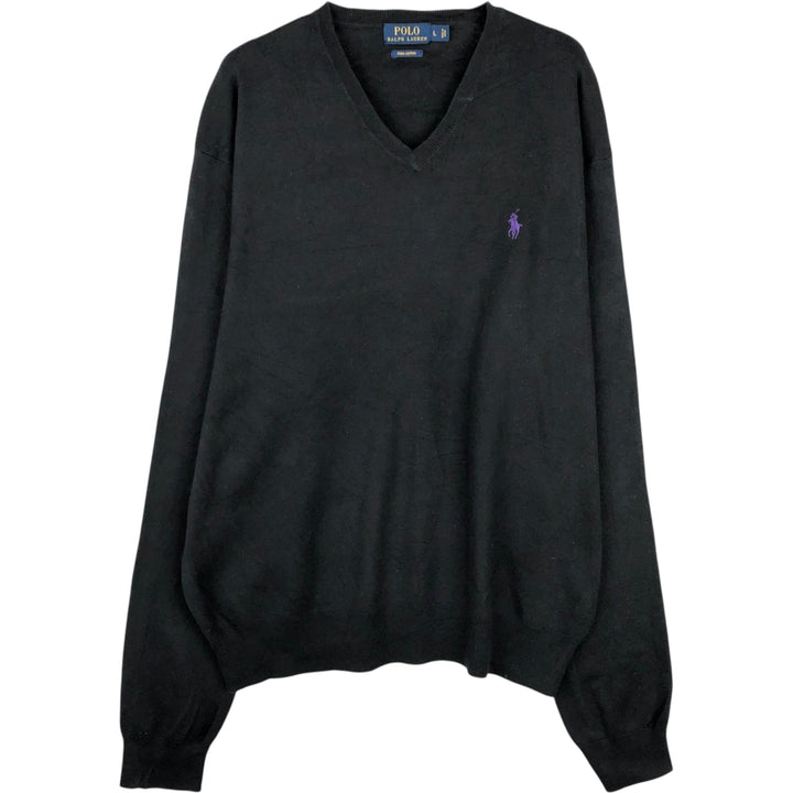 Ralph Lauren POLO RALPH LAUREN PIMA COTTON V-neck Pima cotton knit sweater, men's size L cotton black type Vintage Second Hand