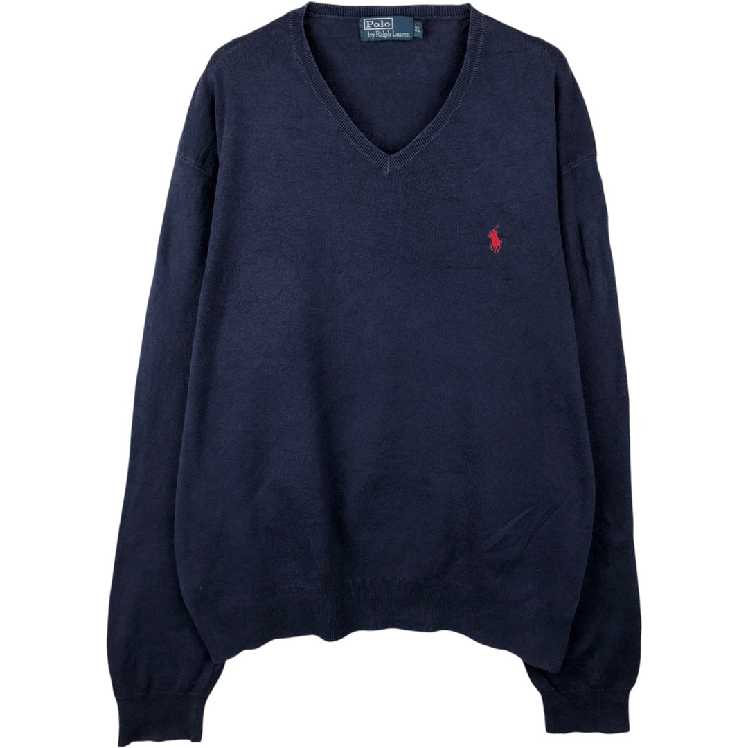 Ralph Lauren POLO by Ralph Lauren V-neck Pima cotton knit sweater, men's size XL Pima Cotton navy blue type Vintage Second Hand