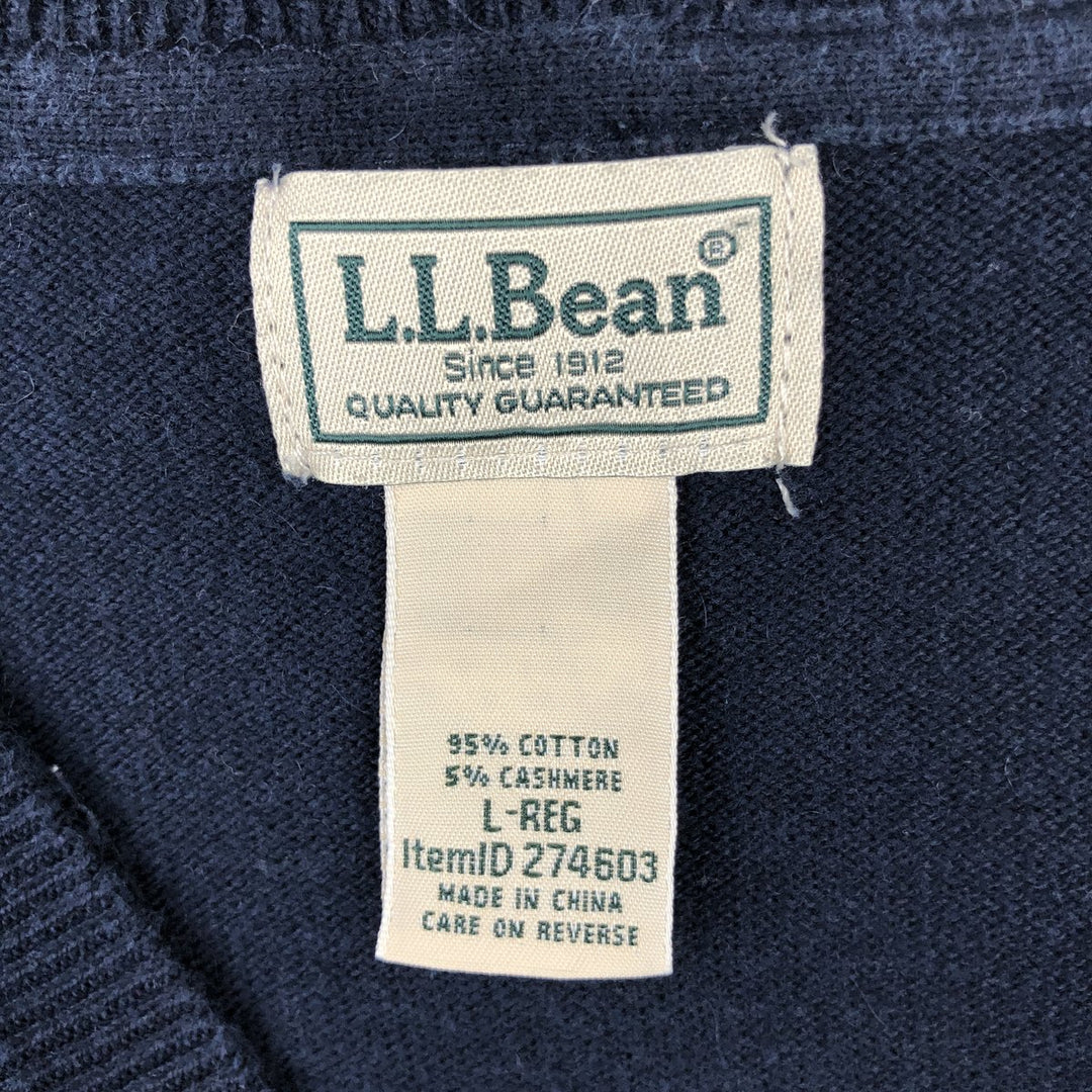 1990'S LL Bean Cashmere Blend V-Neck Cotton Knit Sweater, Men's Size L (approx.), Vintage cotton navy blue type Vintage Second Hand