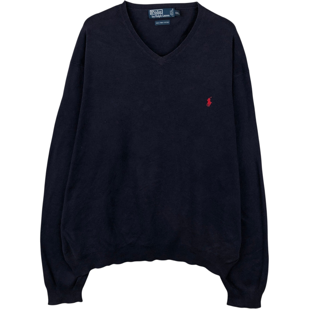 Ralph Lauren POLO by Ralph Lauren V-neck Pima cotton knit sweater, men's size XXL Pima Cotton navy blue type Vintage Second Hand