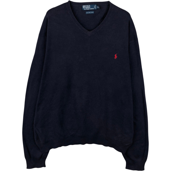 Ralph Lauren POLO by Ralph Lauren V-neck Pima cotton knit sweater, men's size XXL Pima Cotton navy blue type Vintage Second Hand