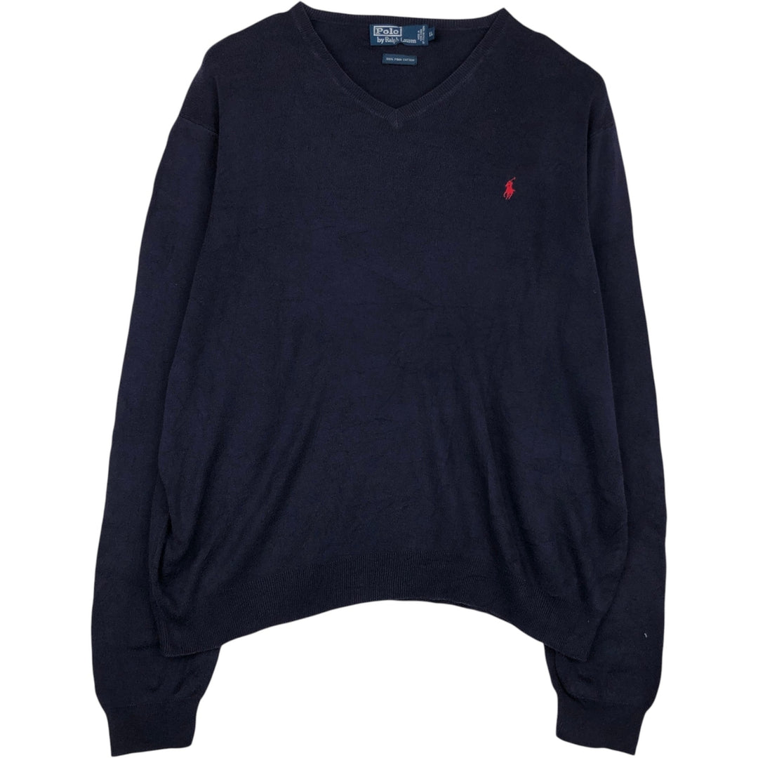 Ralph Lauren POLO by Ralph Lauren V-neck Pima cotton knit sweater, men's size XL Pima Cotton navy blue type Vintage Second Hand
