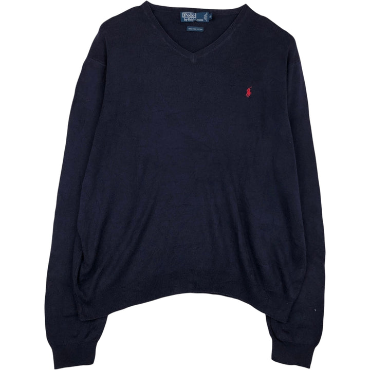 Ralph Lauren POLO by Ralph Lauren V-neck Pima cotton knit sweater, men's size XL Pima Cotton navy blue type Vintage Second Hand