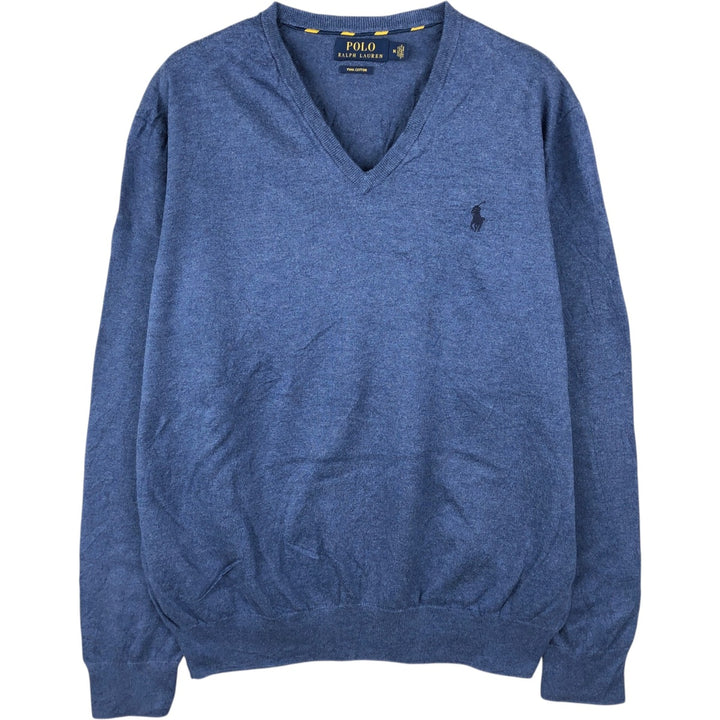 Ralph Lauren POLO RALPH LAUREN V-neck Pima cotton knit sweater, men's size M Pima Cotton Blue type light blue Vintage Second Hand