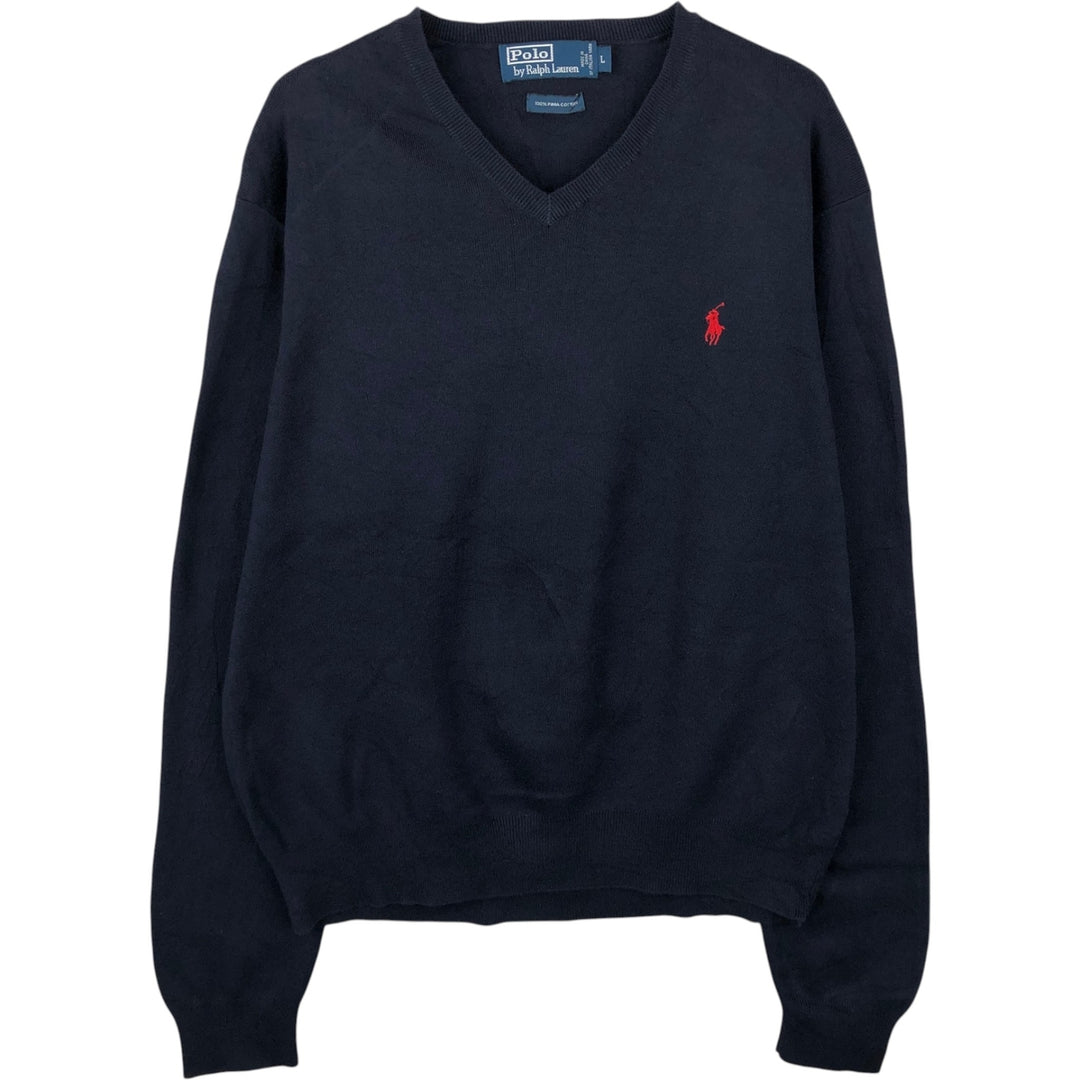 Ralph Lauren POLO by Ralph Lauren V-neck Pima cotton knit sweater, men's size L Pima Cotton navy blue type Vintage Second Hand