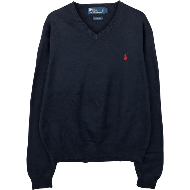 Ralph Lauren POLO by Ralph Lauren V-neck Pima cotton knit sweater, men's size L Pima Cotton navy blue type Vintage Second Hand