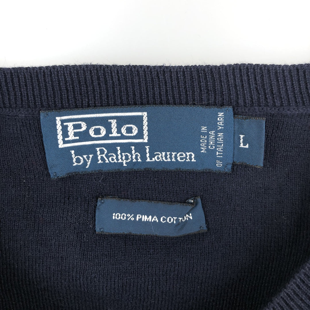 Ralph Lauren POLO by Ralph Lauren V-neck Pima cotton knit sweater, men's size L Pima Cotton navy blue type Vintage Second Hand