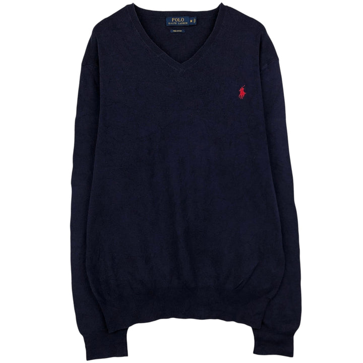 Ralph Lauren POLO RALPH LAUREN V-neck Pima cotton knit sweater, men's size M Pima Cotton navy blue type Vintage Second Hand