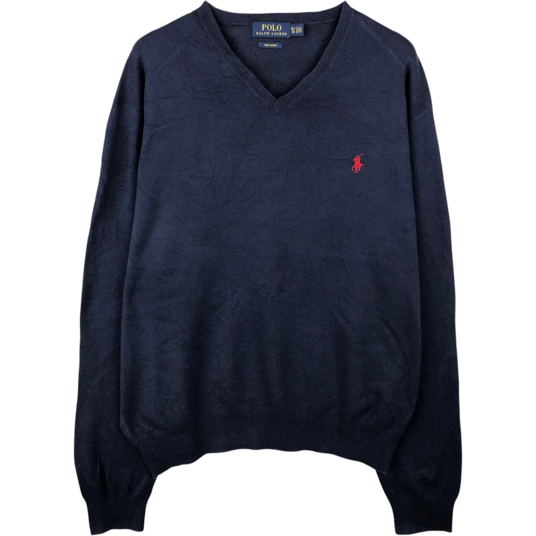 Ralph Lauren POLO RALPH LAUREN PIMA COTTON V-neck knit sweater, men's size XL (approx.) Pima Cotton navy blue type Vintage Second Hand