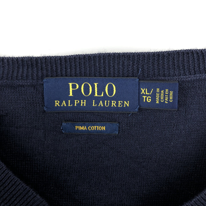Ralph Lauren POLO RALPH LAUREN PIMA COTTON V-neck knit sweater, men's size XL (approx.) Pima Cotton navy blue type Vintage Second Hand