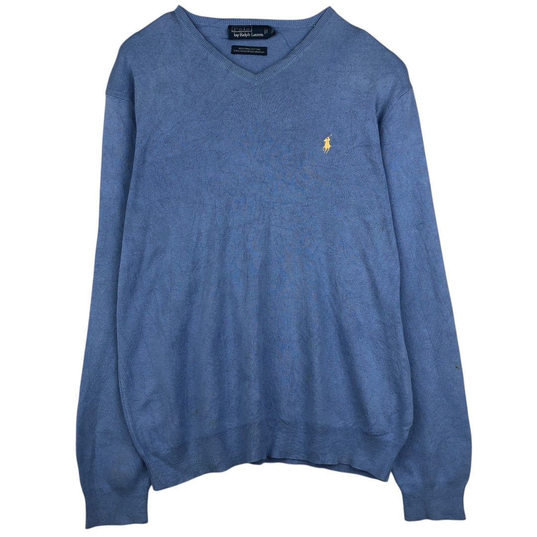 Ralph Lauren POLO by Ralph Lauren V-neck Pima cotton knit sweater, men's size L Pima Cotton Blue type light blue Vintage Second Hand
