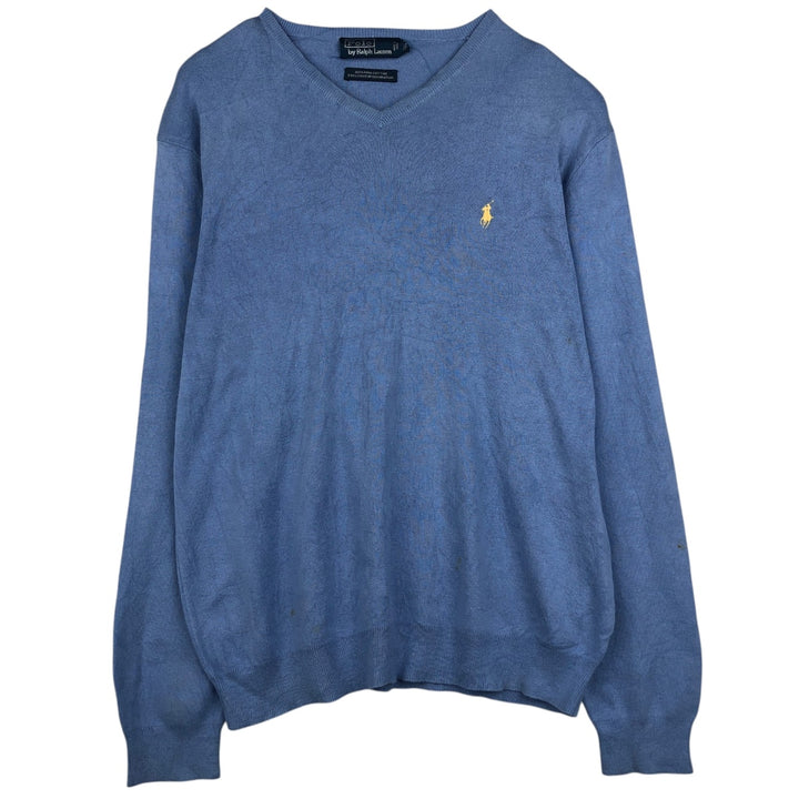 Ralph Lauren POLO by Ralph Lauren V-neck Pima cotton knit sweater, men's size L Pima Cotton Blue type light blue Vintage Second Hand