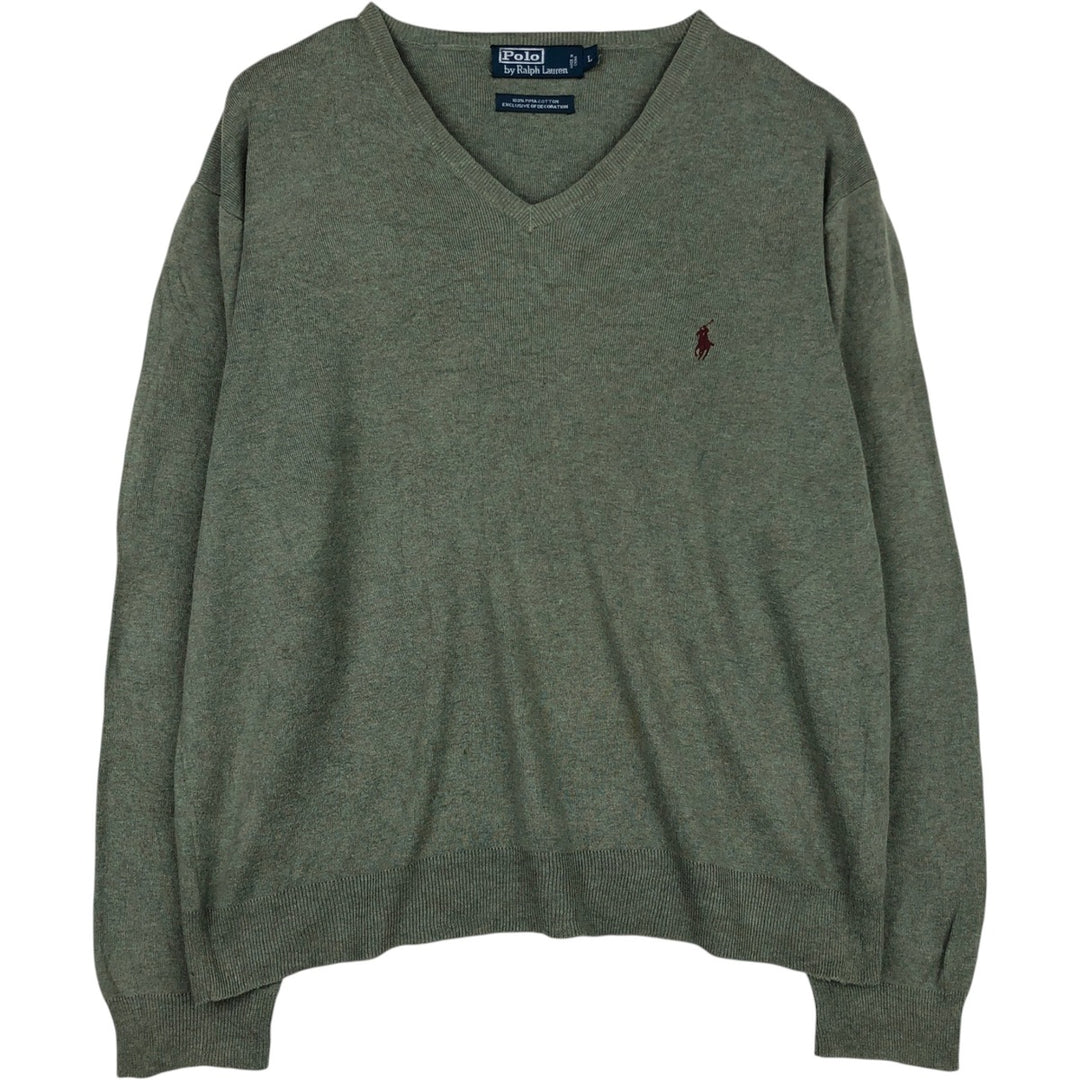 Ralph Lauren POLO by Ralph Lauren V-neck Pima cotton knit sweater, men's size L Pima Cotton Khaki type sage green Vintage Second Hand