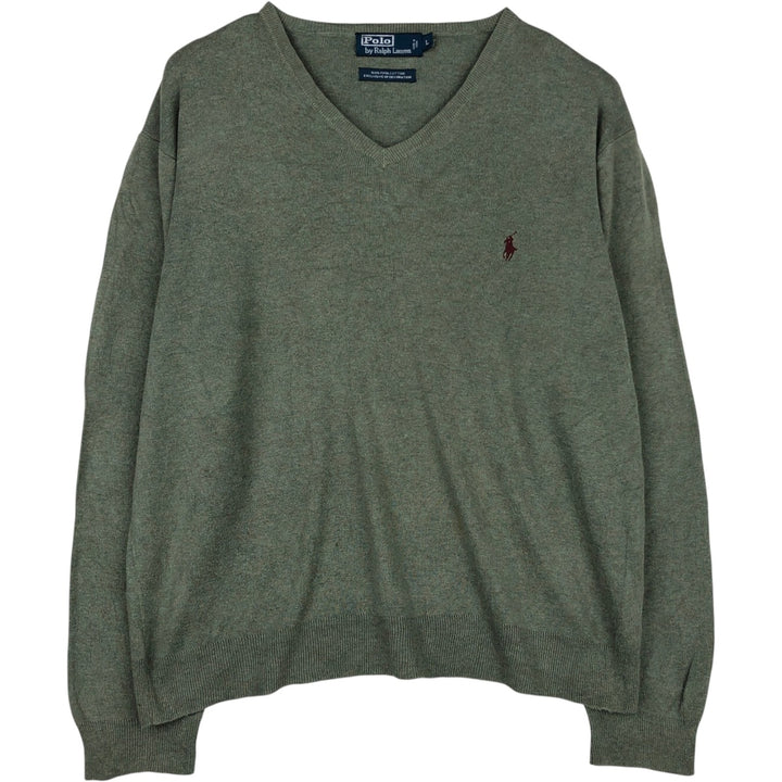 Ralph Lauren POLO by Ralph Lauren V-neck Pima cotton knit sweater, men's size L Pima Cotton Khaki type sage green Vintage Second Hand