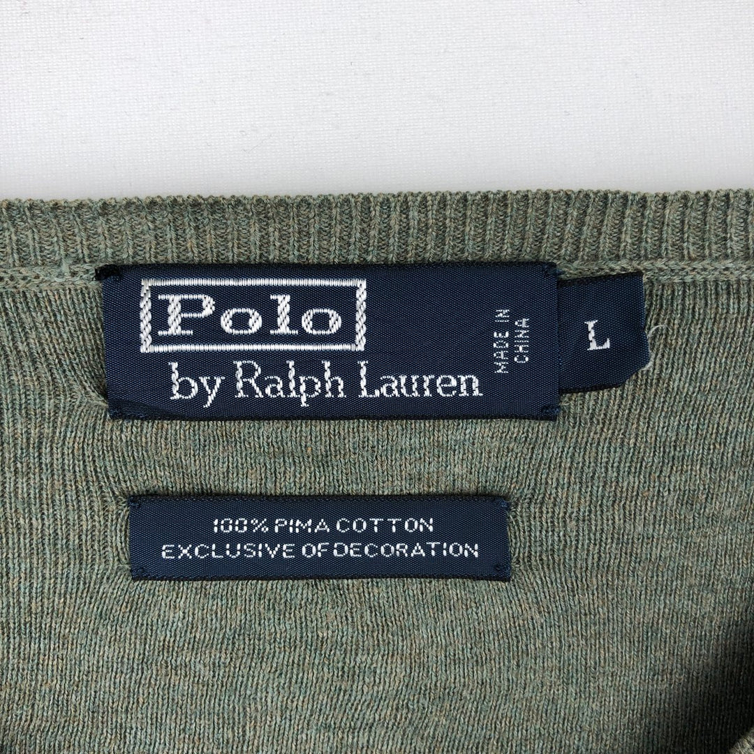 Ralph Lauren POLO by Ralph Lauren V-neck Pima cotton knit sweater, men's size L Pima Cotton Khaki type sage green Vintage Second Hand
