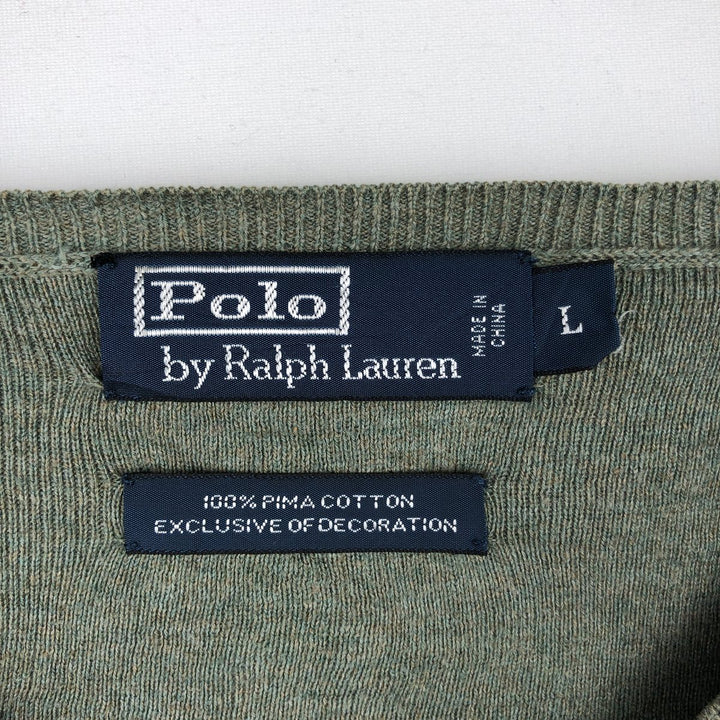 Ralph Lauren POLO by Ralph Lauren V-neck Pima cotton knit sweater, men's size L Pima Cotton Khaki type sage green Vintage Second Hand