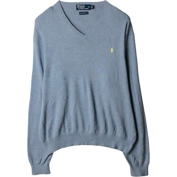 Ralph Lauren POLO by Ralph Lauren V-neck Pima cotton knit sweater, men's size XL Pima Cotton Blue type light blue Vintage Second Hand
