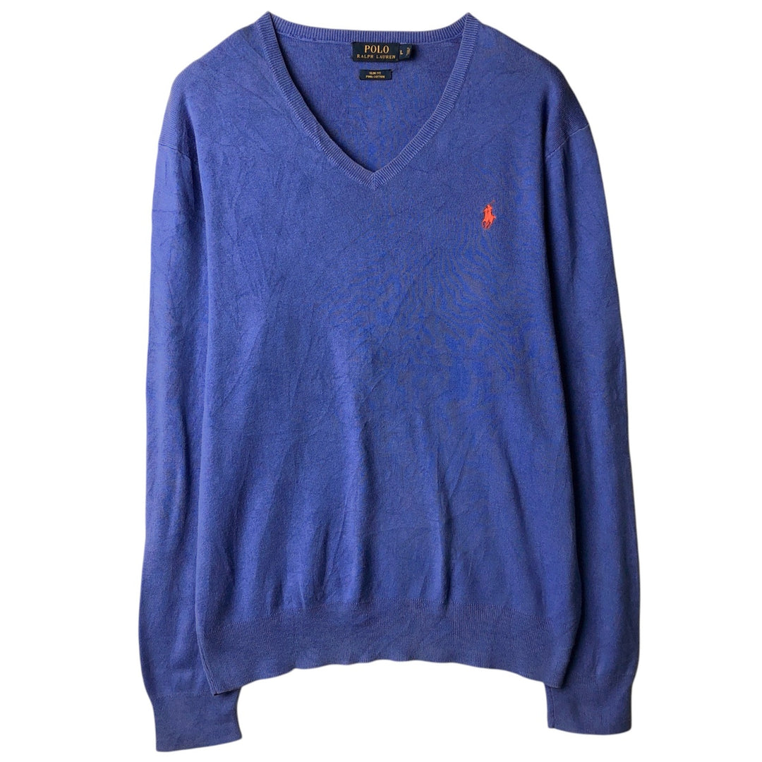 Ralph Lauren POLO RALPH LAUREN Slim Fit V-Neck Pima Cotton Knit Sweater, Men's Size L Pima Cotton blue type Vintage Second Hand