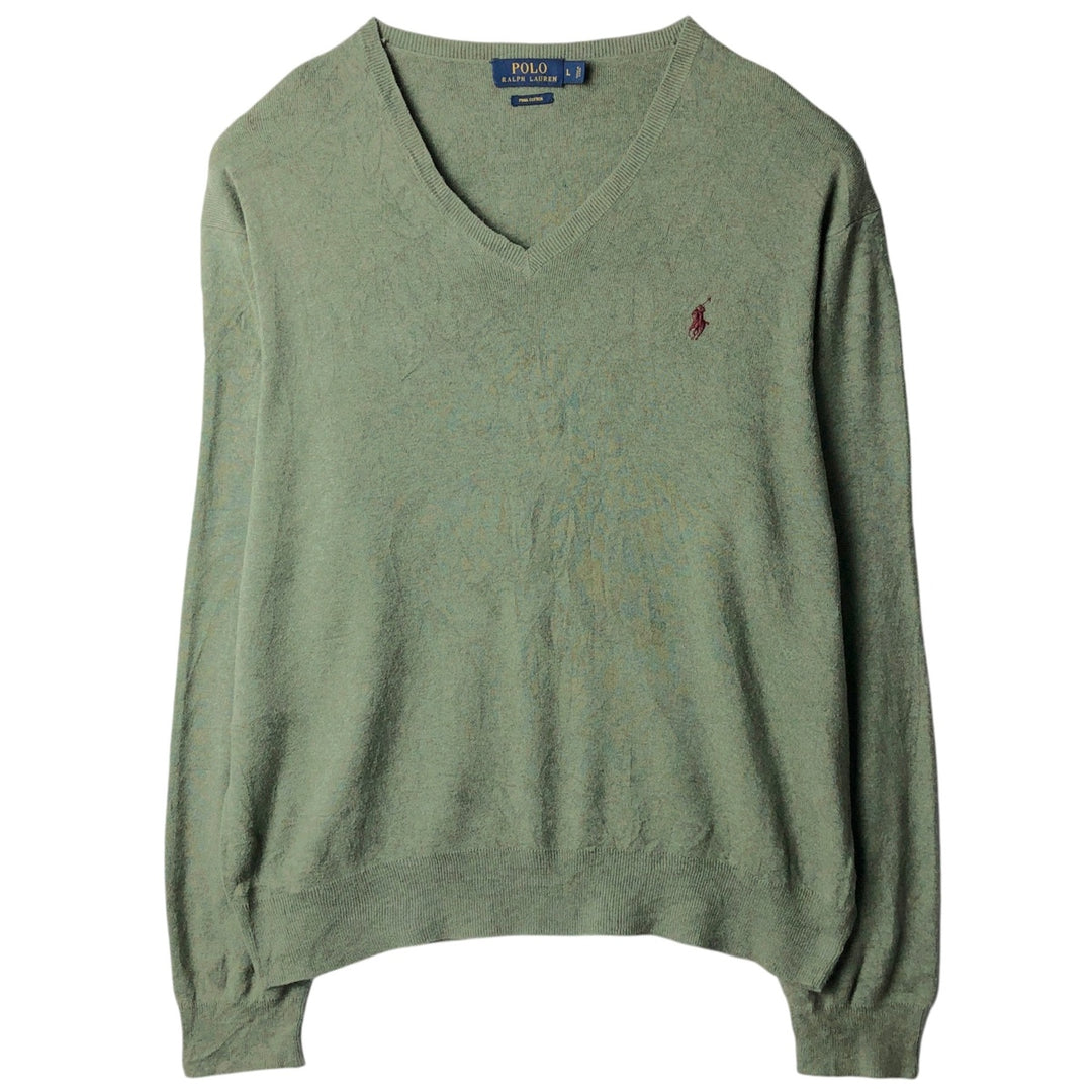 Ralph Lauren POLO RALPH LAUREN V-neck cotton knit sweater, men's size L cotton Khaki type sage green Vintage Second Hand
