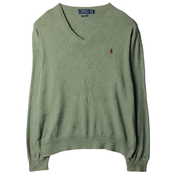 Ralph Lauren POLO RALPH LAUREN V-neck cotton knit sweater, men's size L cotton Khaki type sage green Vintage Second Hand