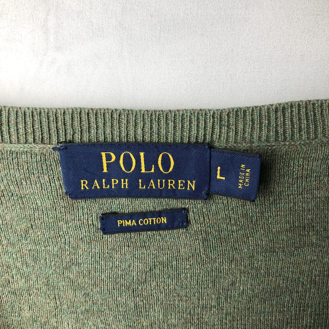Ralph Lauren POLO RALPH LAUREN V-neck cotton knit sweater, men's size L cotton Khaki type sage green Vintage Second Hand