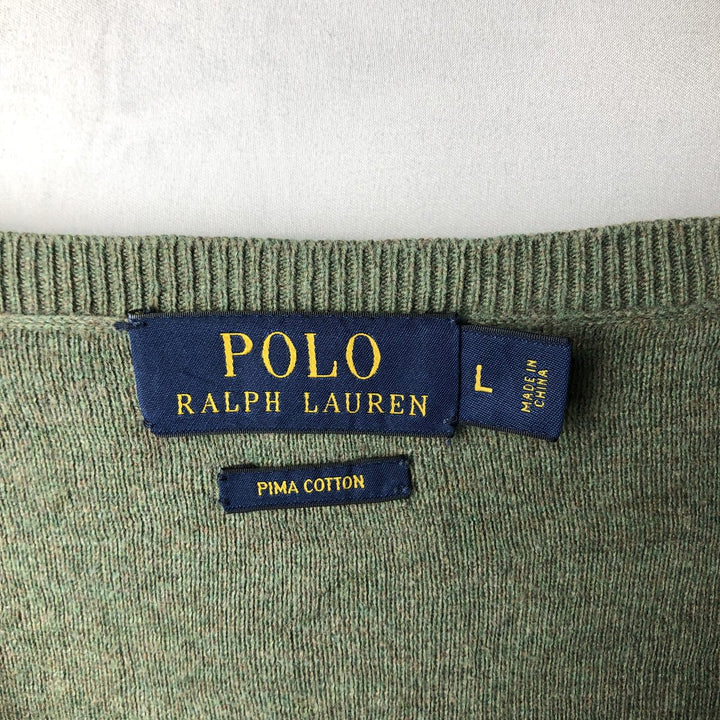 Ralph Lauren POLO RALPH LAUREN V-neck cotton knit sweater, men's size L cotton Khaki type sage green Vintage Second Hand
