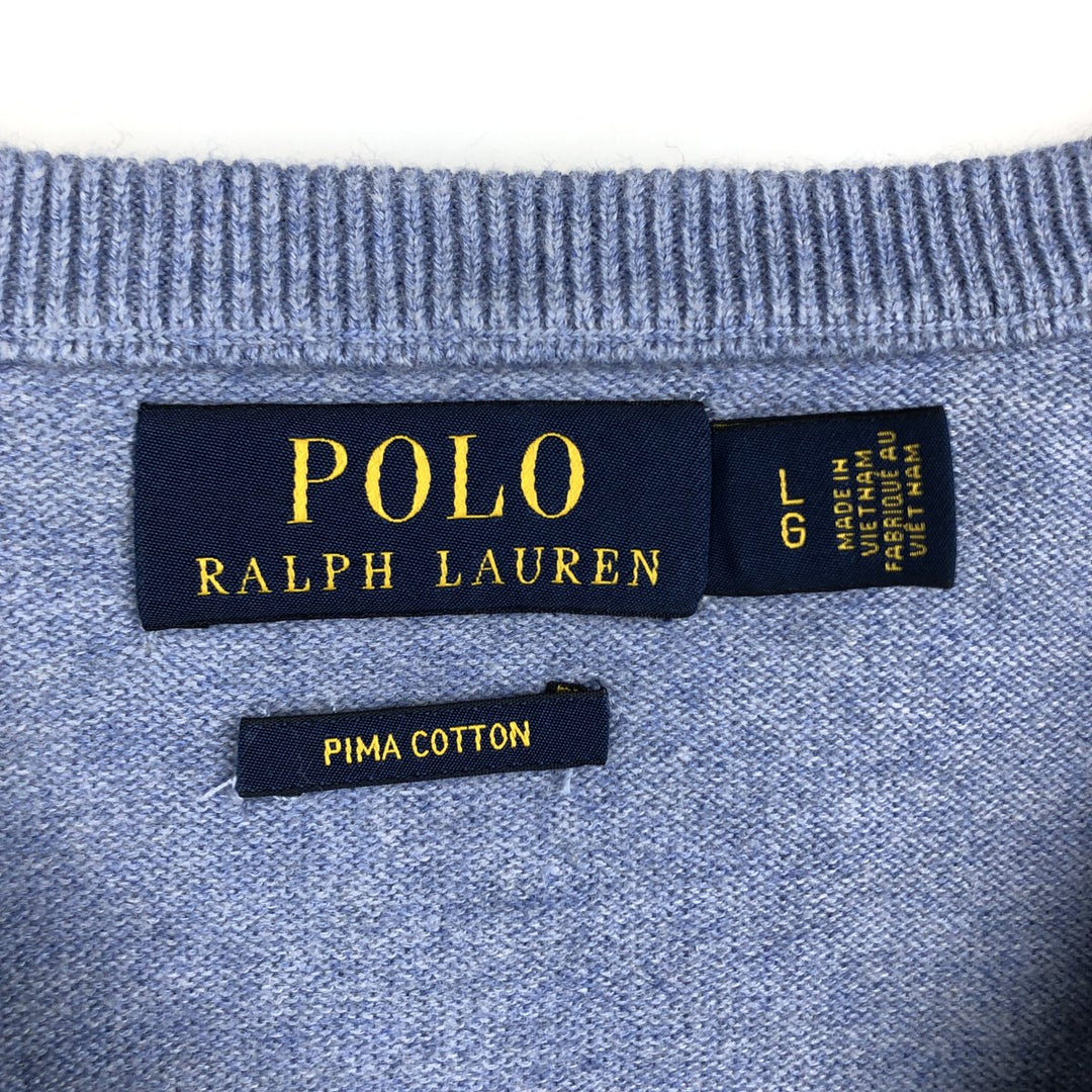 Ralph Lauren POLO RALPH LAUREN V-neck Pima cotton knit sweater, men's size L Pima Cotton Blue type light blue Vintage Second Hand