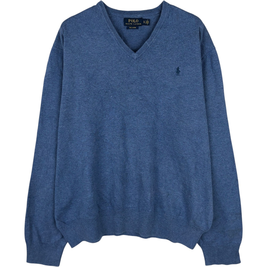 Ralph Lauren POLO RALPH LAUREN PIMA COTTON V-neck knit sweater, men's size XL (approx.) Pima Cotton blue type Vintage Second Hand