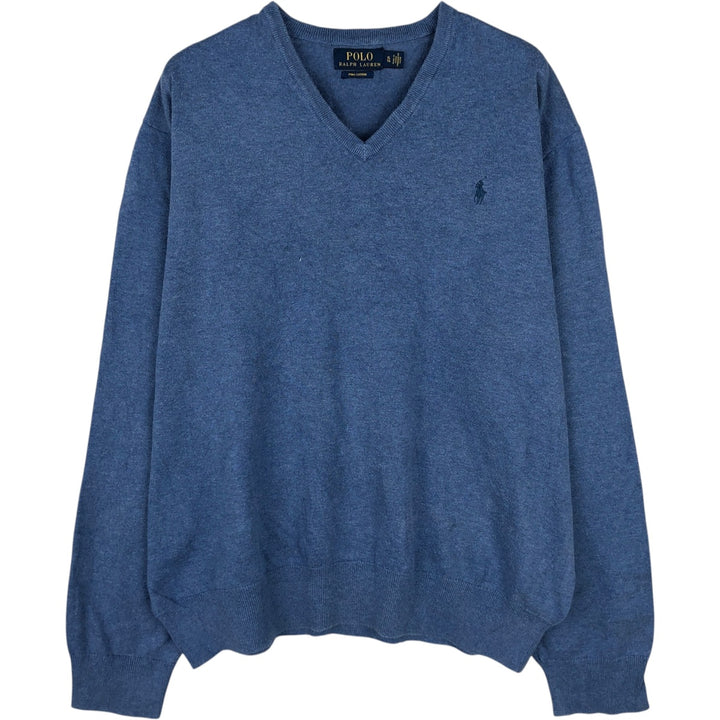Ralph Lauren POLO RALPH LAUREN PIMA COTTON V-neck knit sweater, men's size XL (approx.) Pima Cotton blue type Vintage Second Hand