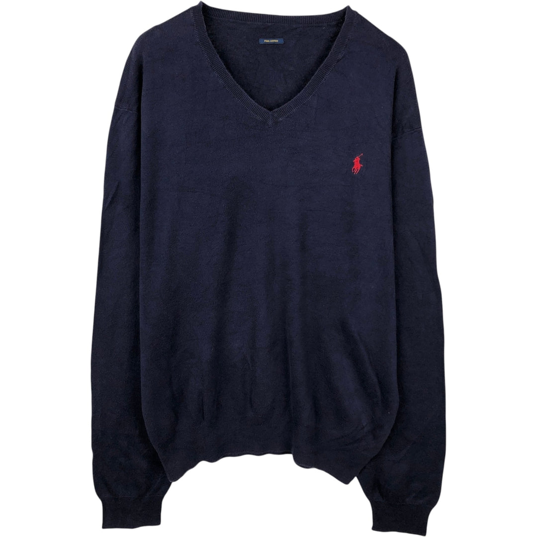 Ralph Lauren POLO RALPH LAUREN PIMA COTTON V-neck Pima cotton knit sweater, men's size L unclear navy blue type Vintage Second Hand