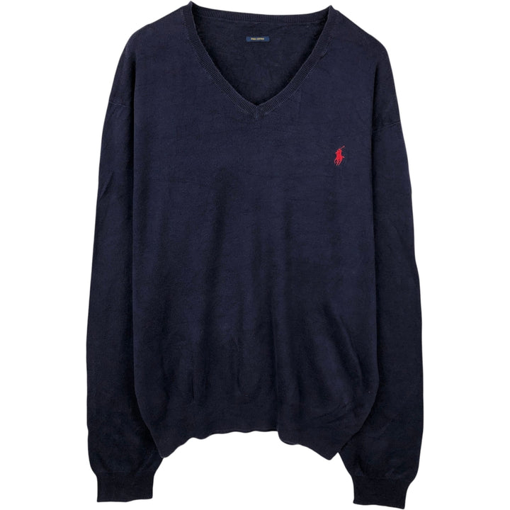 Ralph Lauren POLO RALPH LAUREN PIMA COTTON V-neck Pima cotton knit sweater, men's size L unclear navy blue type Vintage Second Hand