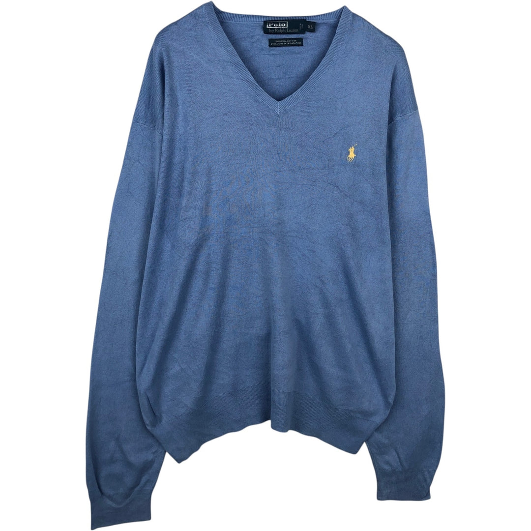 Ralph Lauren POLO by Ralph Lauren V-neck Pima cotton knit sweater, men's size XL Pima Cotton Blue type light blue Vintage Second Hand