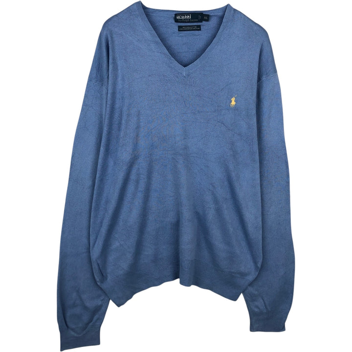 Ralph Lauren POLO by Ralph Lauren V-neck Pima cotton knit sweater, men's size XL Pima Cotton Blue type light blue Vintage Second Hand