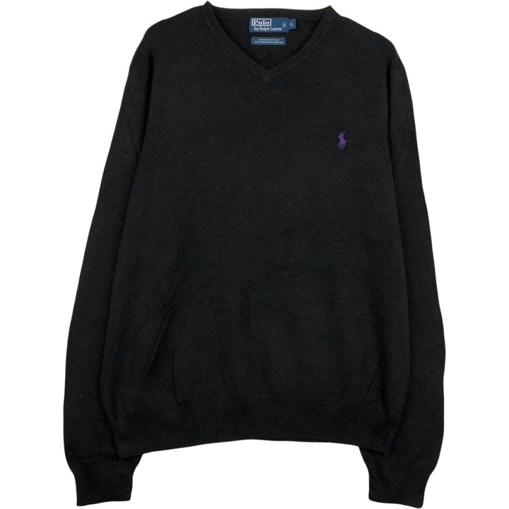 Ralph Lauren POLO by Ralph Lauren V-neck Pima cotton knit sweater, men's size L cotton black type Vintage Second Hand